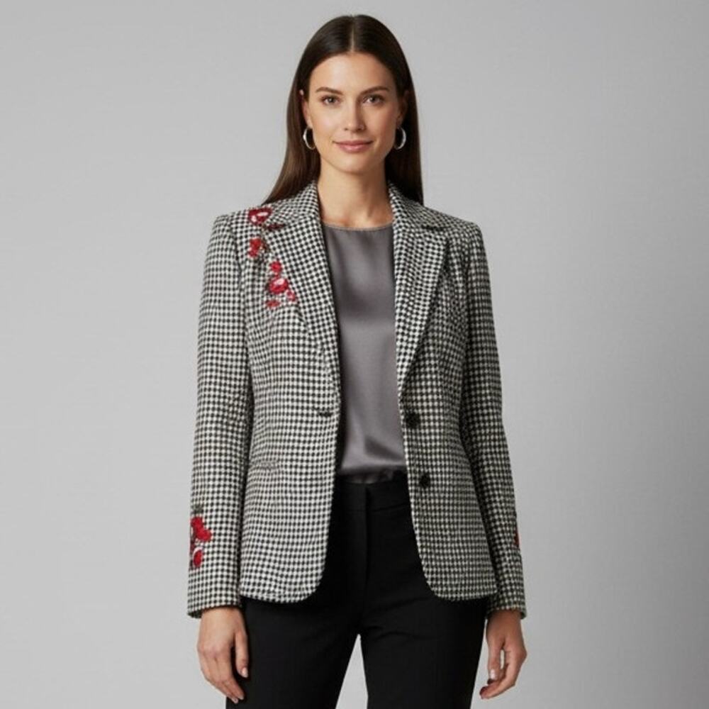 Focus Lifestyle Houndstooth Floral Embroidered Wool Blazer Sz 6 Officecore